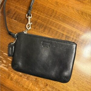 Coach Black Leather Keychain Wristlet with Silver Hardware
